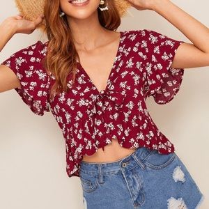 Shein red floral tie front top